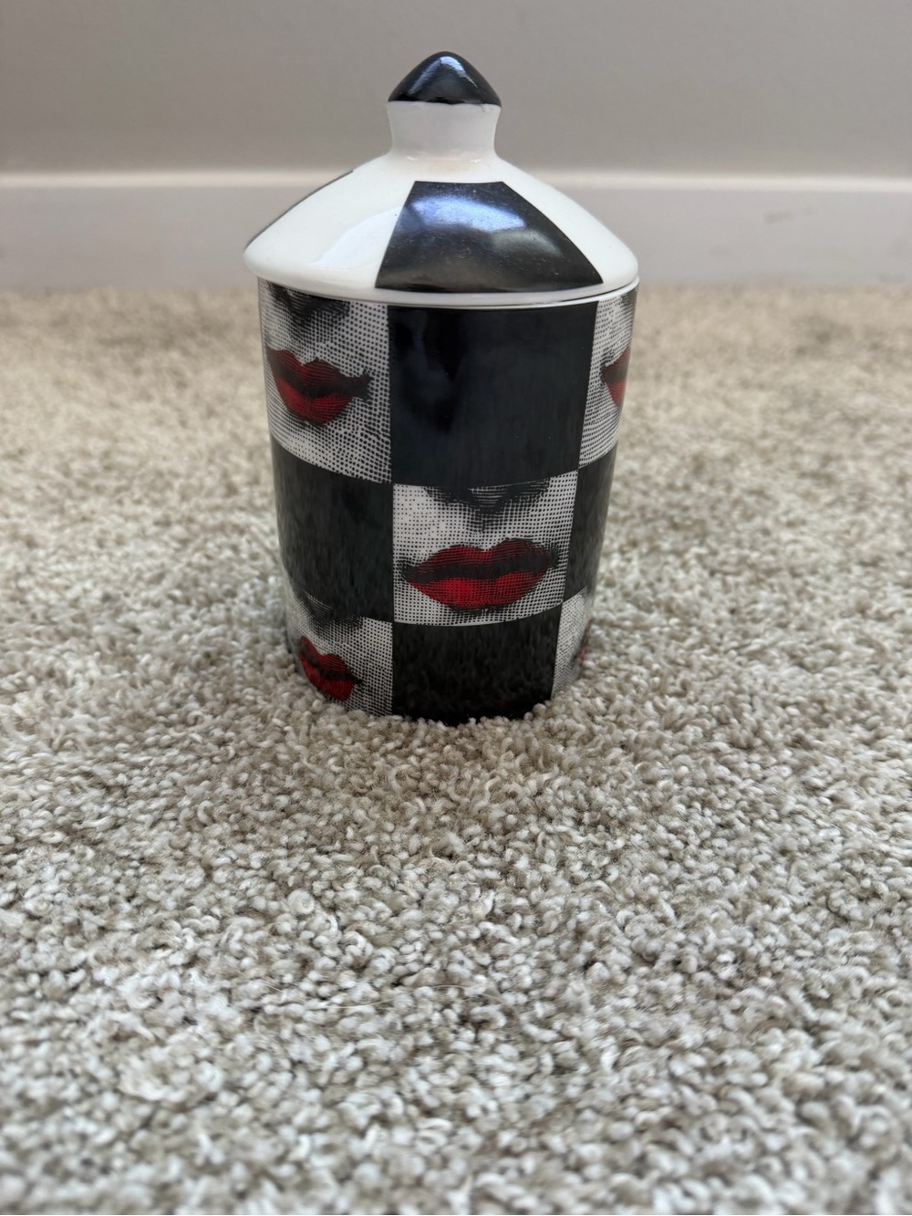 Black & White Ceramic Lidded Jar with Red Lip Motif